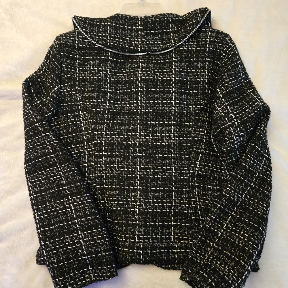 Trenz Jacket Treed Black White Ruffle Collar Zipper Size Medium Plaid Career - Picture 2 of 5
